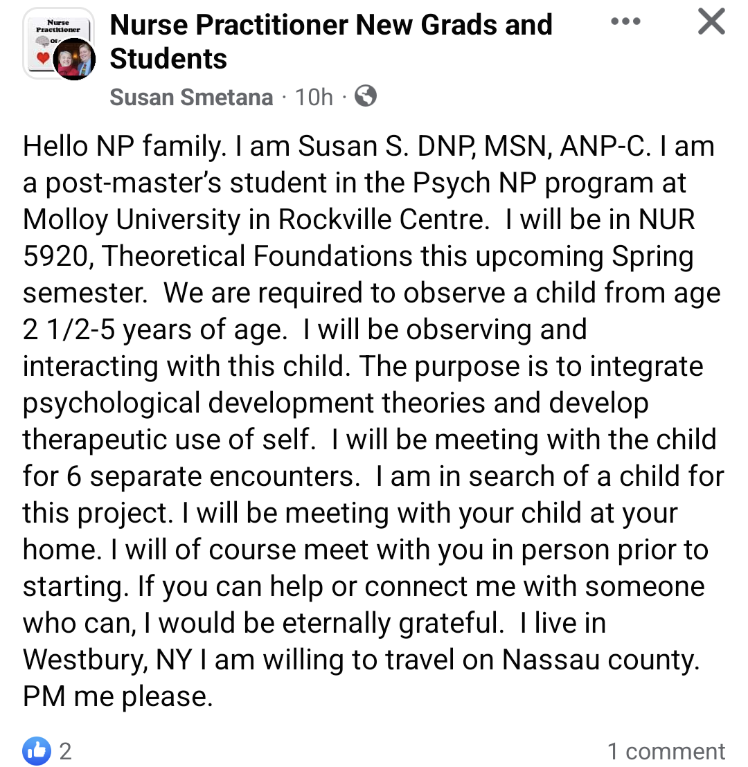 PMHNP student is "in search of a child" for her "project"