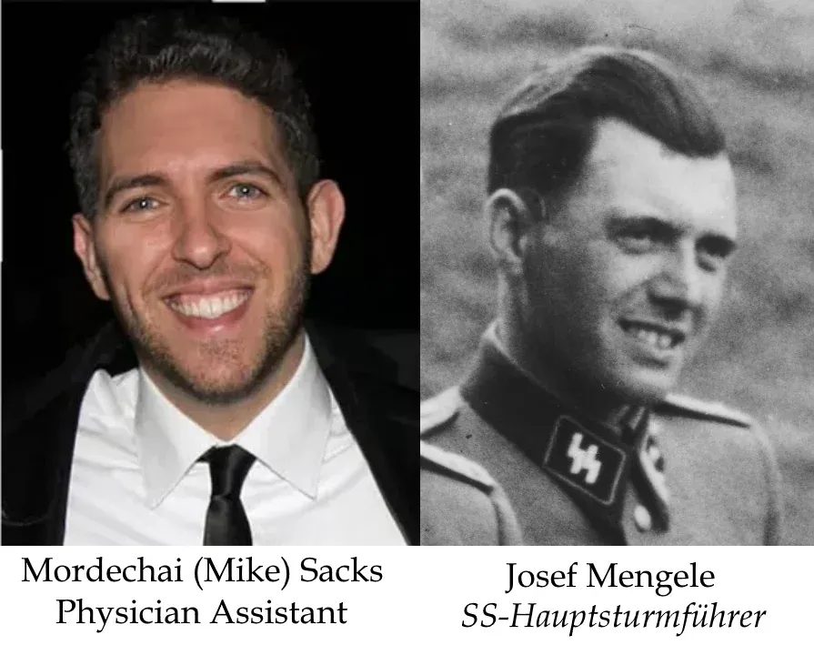 Mordechai (Mike) Sacks, PA; Josef Mengele, SS-Hauptsturmführer
